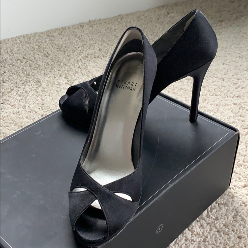 Stuart Weizmann Black Satin Peep Toe Stilettos